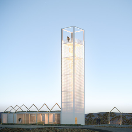 Spiral Ascent Within Parametric Arches Overlooking Tectonic Landscapes