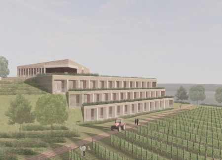 Charred Wooden Shingles Complementing Sustainable Stone Facade in Vineyard Retreat