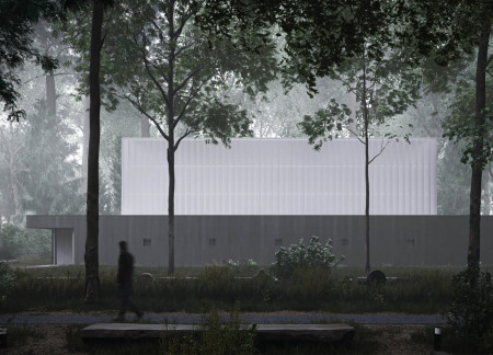 Translucent Fiberglass Curtains Enveloping a Black Columbarium for Reflection