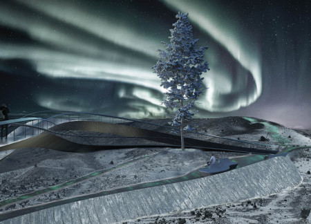 Photoluminescent Paths and Timber Flooring in a Volcanic Landscape Lookout