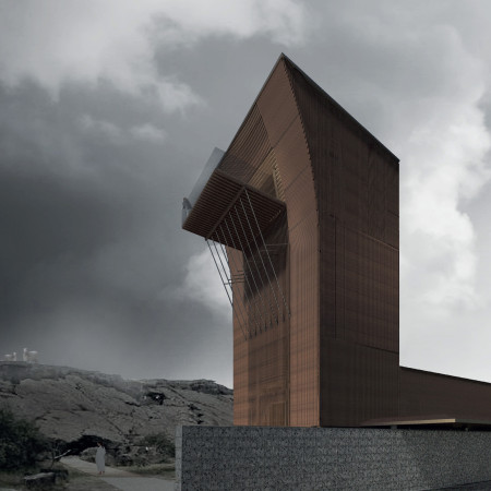 Panoramic Observation Tower Featuring Stone and Wood Integration in Volcanic Landscape