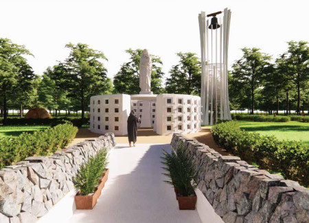 Womb-Shaped Space Crafted from White Ceramic and Grey Marble for Reflection and Remembrance