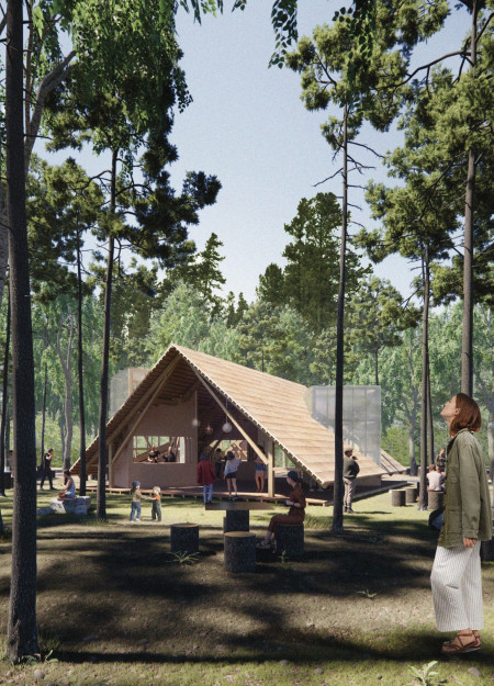 Cedar Shingle Roof Canopy over Communal Wooden Stalls