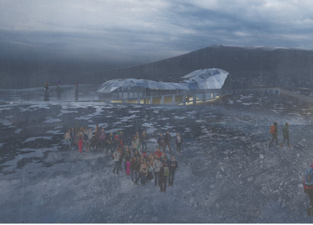 Subterranean Coffee Shop with Geological Glazing Overlooking Hverfjall