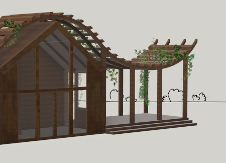 Wave-Shaped Pergola and Pine Cottages Embracing Riverfront Wellness