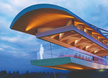 Cantilevered Roof and Glass Transparency Create Community Space Within Glulam Structure