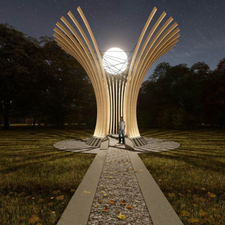 Curved Wood Members and Reflective Sphere Create a Communal Space of Connection