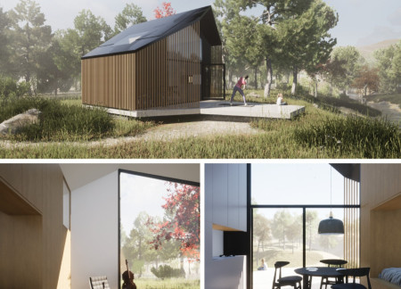 Repurposed Panels and Functional Cores in a Compact off-Grid Home