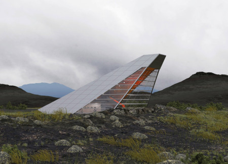 Volcanic Stone Shelter with Glass Panels Seamlessly Integrating into Natural Terrain