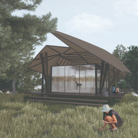 Leaf-Like Roof and Glass Walls Create a Serene Nature Retreat