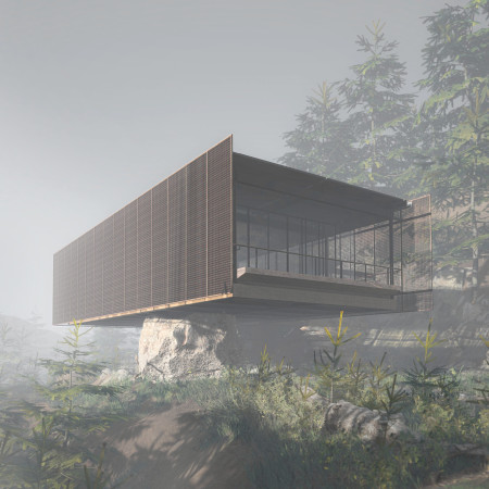 Cantilevered Steel Shala Overlooking Serres with Cork Flooring