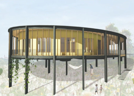 Cylindrical Columns and Winter Garden in a Sustainable Community Home