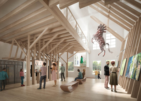 Phased Development of Charred Wooden Shingles and Cross-Laminated Timber in a Community-Centric Cultural Space