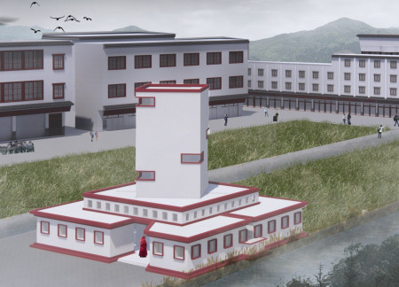 Meditative Space with Controlled Light and Views of the Temple