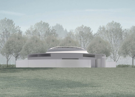 Circular Atrium Surrounded by Polycarbonate Panels in a Tranquil Mountain Setting