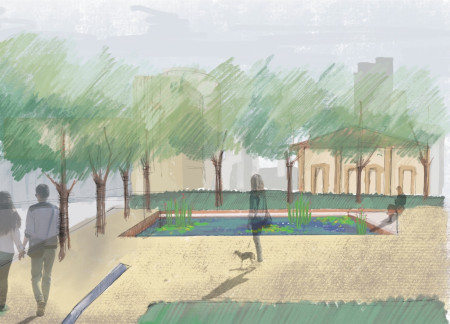 Elevated Green Spaces with Distinct Orange Features Along Historic Canal