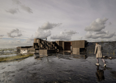 Basalt Pillars and Glass Facades at a Volcano Gateway