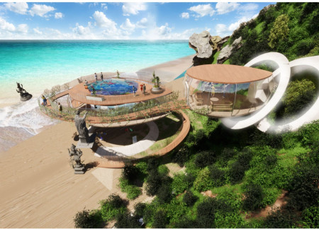 Curvilinear Structure with Glass Facades and Aquarium Features Overlooking Bali's Shoreline