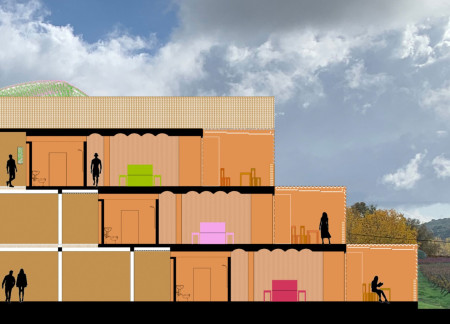 Cork-Infused Sky Bridge Interlinks Sustainable Spa and Dining Facilities Within a Vineyard Landscape