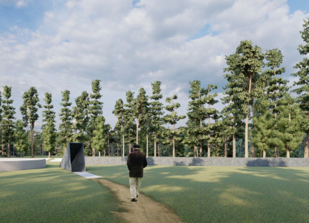 Circular Columbarium with White Concrete in a Forest Setting