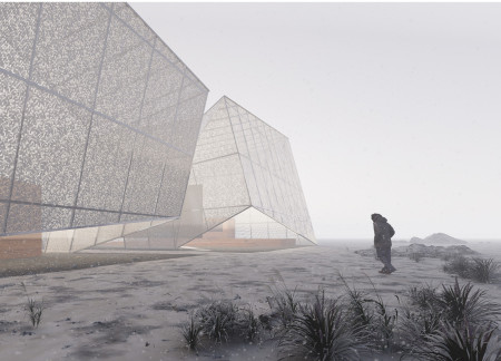 Connecting Landscapes Through Perforated Aluminum and Warm Wood Elements in a Cinematic Pavilion