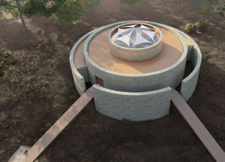 Charred Wooden Shingles and Local Stone Shape a Serpentine Community Space