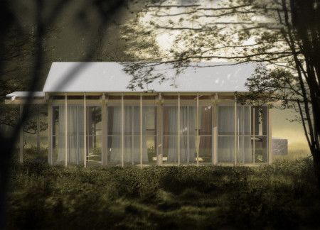 A Forest Cabin with Recycled Wood and Visual Thresholds for Reflection