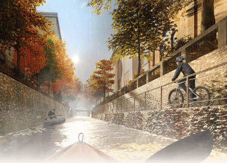 Vertical Gardens and Local Stone Create Multifunctional Public Spaces Along Historic Waterways