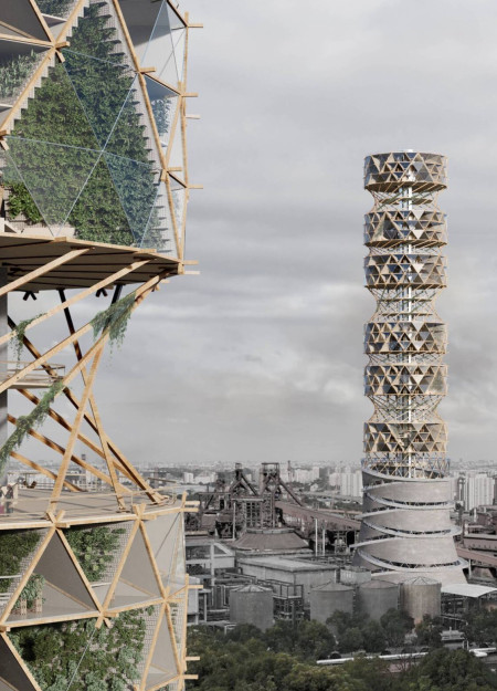 Vertical Farming Hub Featuring Floating Greenhouses and Algae Farms