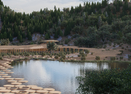Caryatids and Olive Trees in a Community Hub Enhanced by a Floating Bridge