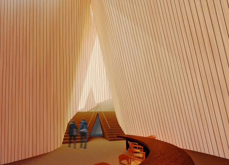 Curved Structure of Reinforced Concrete and Wood Offering Scenic Views