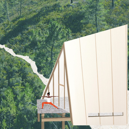 Recycled PET Ceilings and Triangular Forms Defining a Sustainable Wellness Retreat