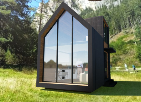 Glass-Faced Micro Home with Durable Sheet Metal Exterior