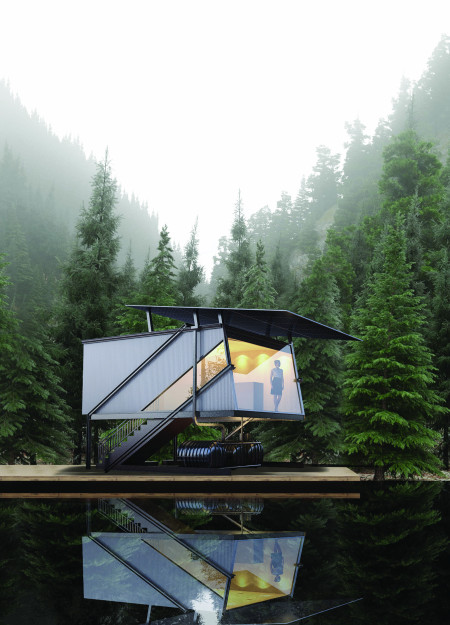 Elevated Microhome with Galvanized Steel Skin and Rainwater Harvesting System