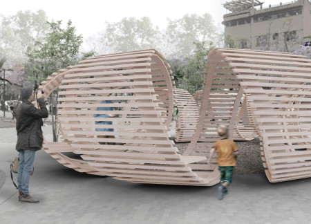 Timber Pavilion with Wood Chip Flooring in Urban Plaza