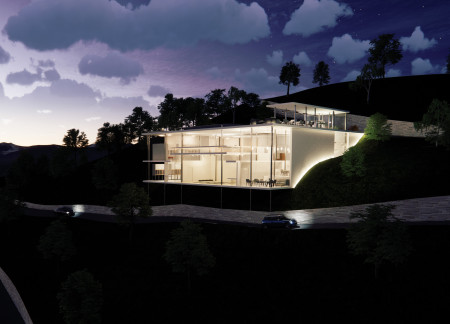 Round-Cornered Glass Pavilion Overlooking a Serene Valley