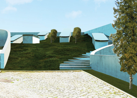 Terraced Canopy with Exposed Concrete and Unitized Glass in Vineyard Tasting Space