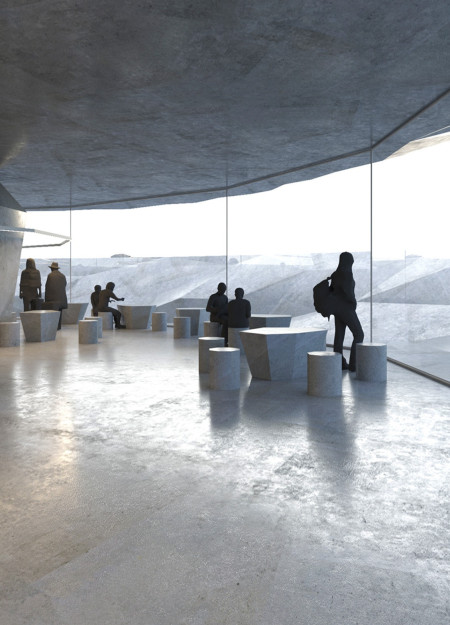 Sliced Stone Disc Elevated on Lava Rocks with Laminated Wood Structure for Tranquil Coffee Retreat