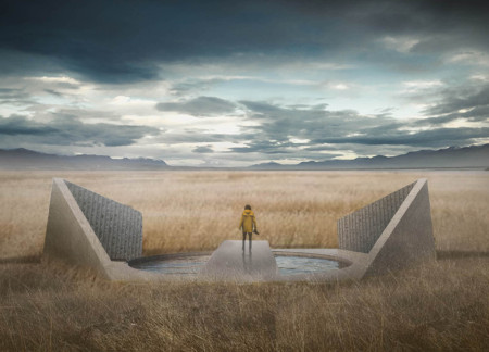 Warm Wooden Theatre Immersed in a Sunken Plaza with Reflective Elements