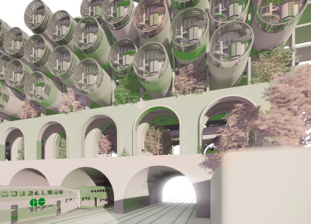 Fuselage Housing Above Tiered Parks in Urban Toronto