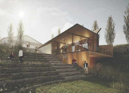 Rammed Earth and Mass Timber Tasting Space Embracing Landscape