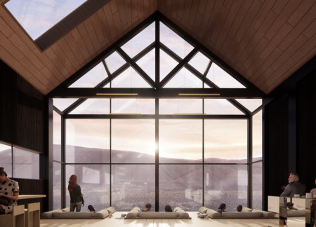 Elevated Shelter Crafted with Sitka Spruce and Low-E Glass Amidst Volcanic Terrain