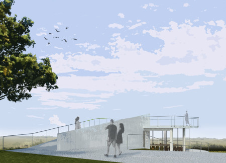 Curved Concrete Wall and Central Wooden Table Enhance Wine Tasting Experience