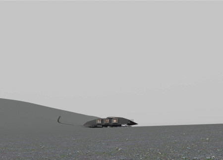 Triangular Structure Featuring Reinforced Concrete and Solar Panels Blending with Iceland's Volcanic Landscape