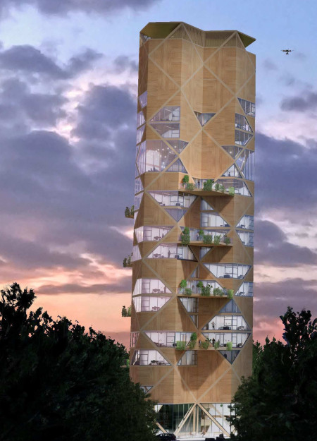 Engineered Wood Tower with Integrated Skyport for Eco-Research Focus
