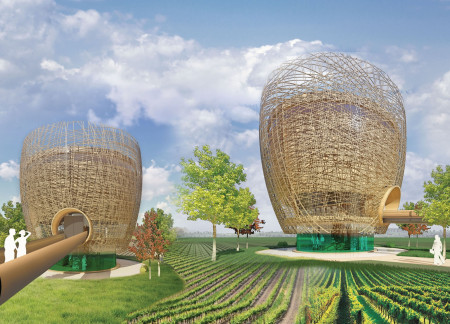 Wooden Lattice Structure Framing Panoramic Valley Views in Tasting Venue
