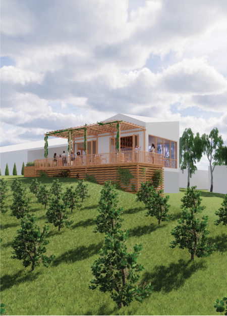 Cork Louvers and Barrel Tables Nestled in a Vineyard Tasting Space
