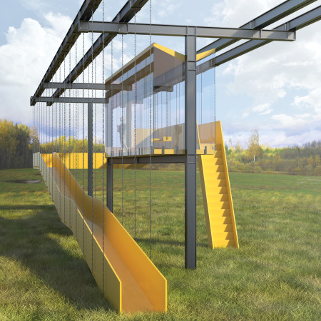 Suspended Steel and Yellow Pathways in a Playful Observation Space