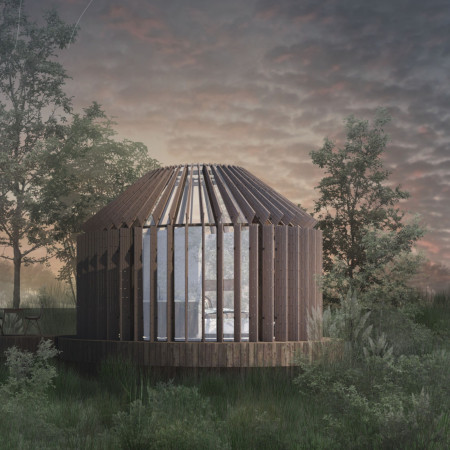 Kinetic Wings and Circular Form Enveloped in Charred Wooden Shingles
