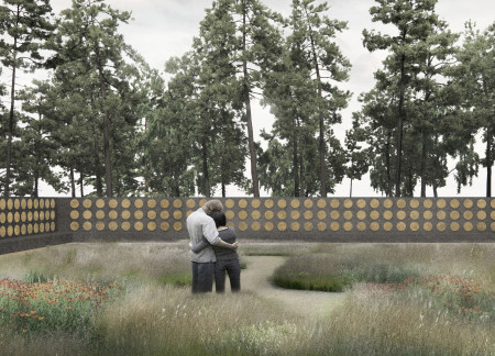 Concrete Wall Encasing Perennial Garden for Reflection in Forest Setting